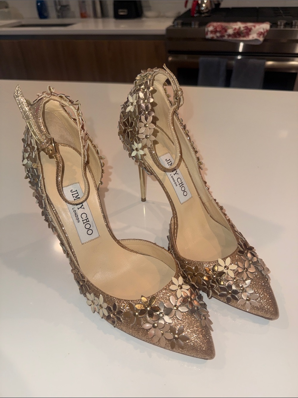 Jimmy Choo Rose Gold Floral Appliqué Pointed Slingback Heels